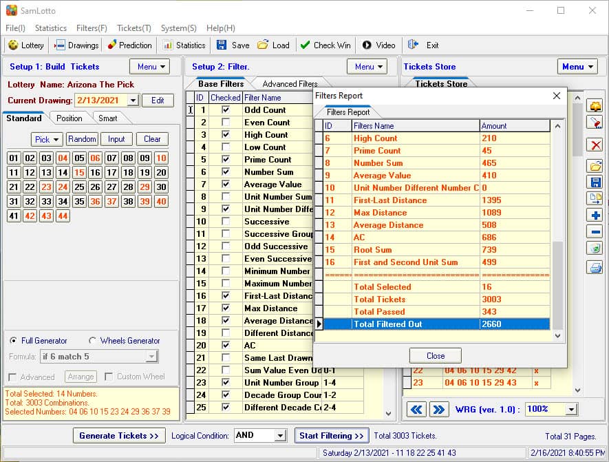 Use SamLotto filters to filter out bad combinations from Arizona The Pick lottery