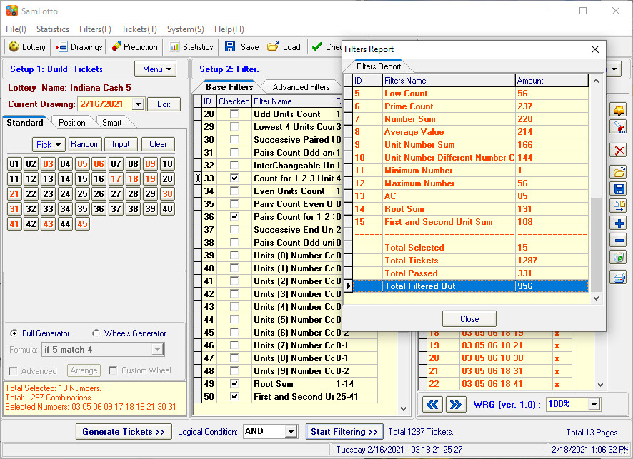 Filtered Out Indiana Cash 5 Bad Combinations with SamLotto Lottery Software Filters