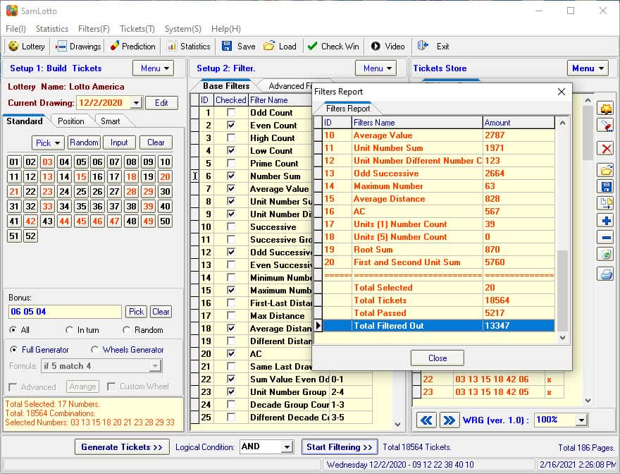 Eliminate Lotto America Bad Combinations with SamLotto Lottery software Filters