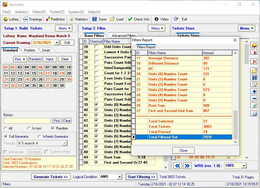 Filtered Out Maryland Bonus Match 5 Bad Combinations with SamLotto Filters