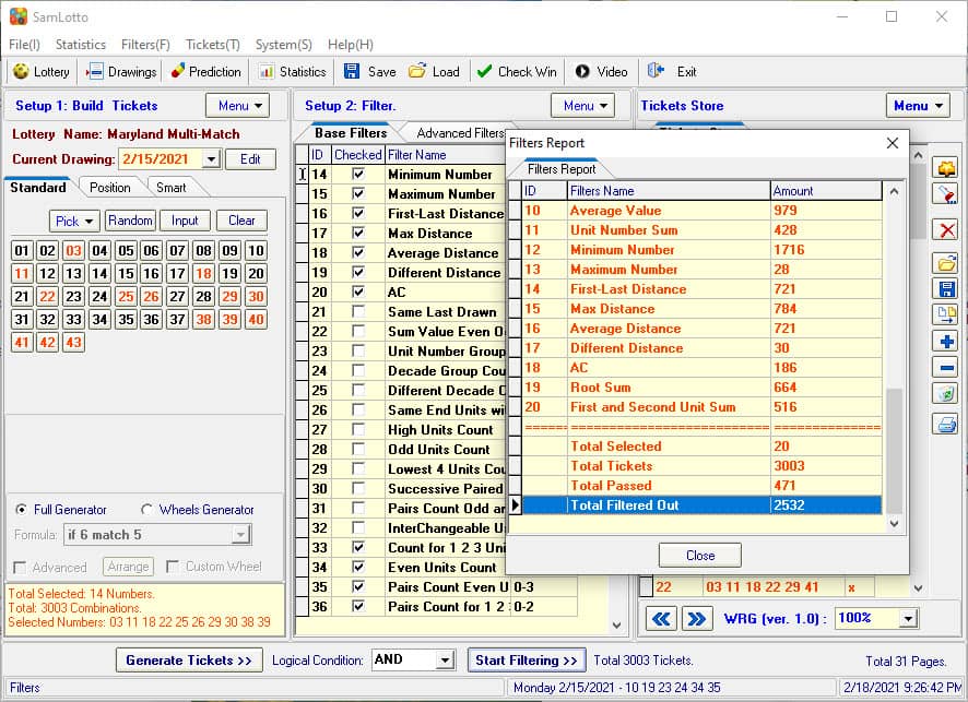 Filtered Out Maryland Multi-Match Bad Combinations with SamLotto Filters