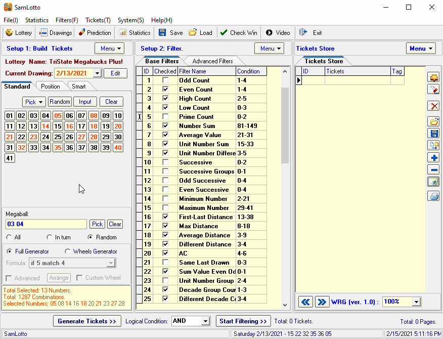 Useing Samlotto to Generate Megabucks Plus Complete Combinations and Wheeling Combinations